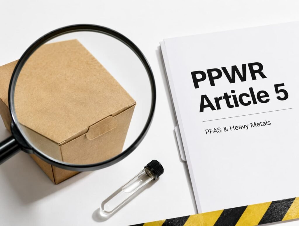 Complete PPWR Article 5 compliance guide covering PFAS testing, heavy metals assessment, supplier declarations, technical documentation, EU Declaration of Conformity, and audit-ready packaging compliance