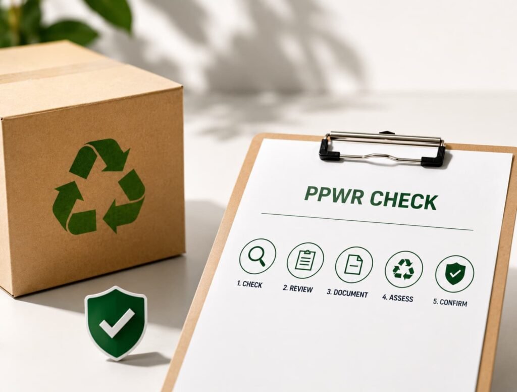A step-by-step PPWR Check helping businesses assess packaging compliance, supplier documentation, technical documentation, recyclability, and EU PPWR readiness