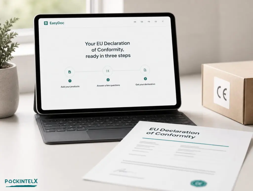 EU Declaration of Conformity generator showing the three-step PackIntelX EasyDoc workflow