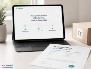 EU Declaration of Conformity generator showing the three-step PackIntelX EasyDoc workflow