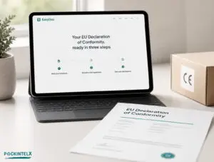EU Declaration of Conformity generator showing the three-step PackIntelX EasyDoc workflow