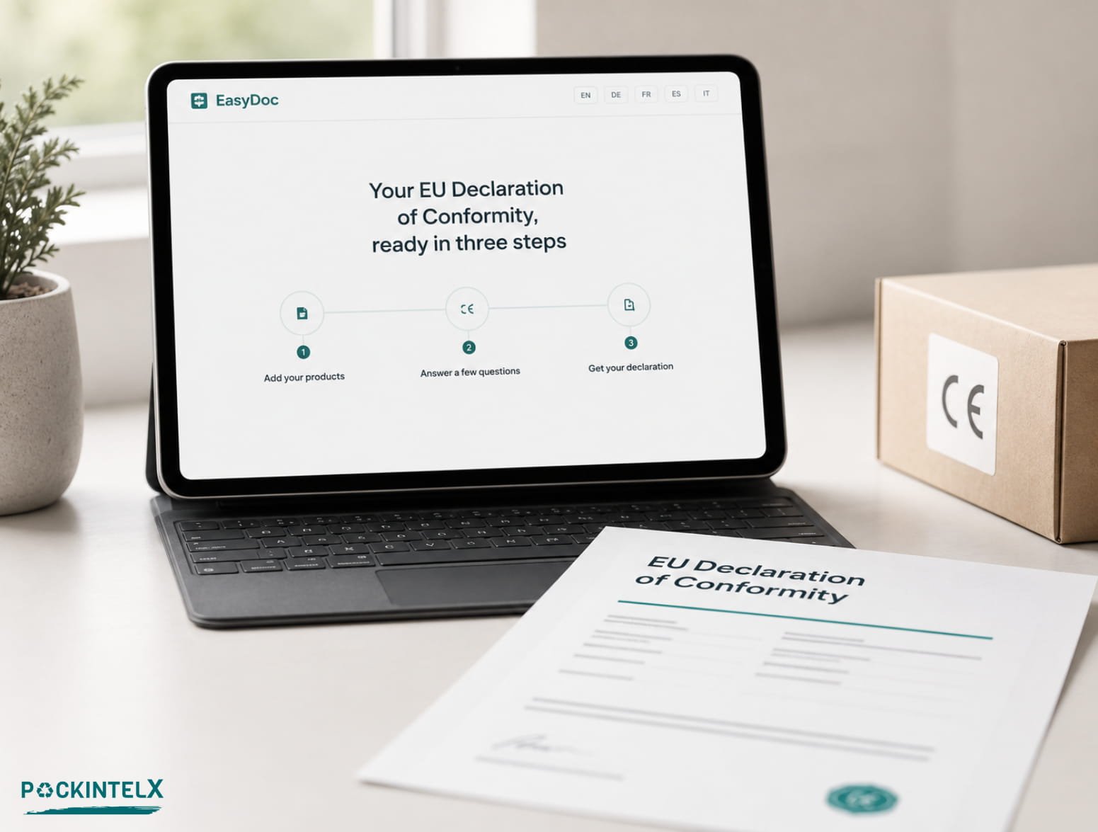 EU Declaration of Conformity generator showing the three-step PackIntelX EasyDoc workflow
