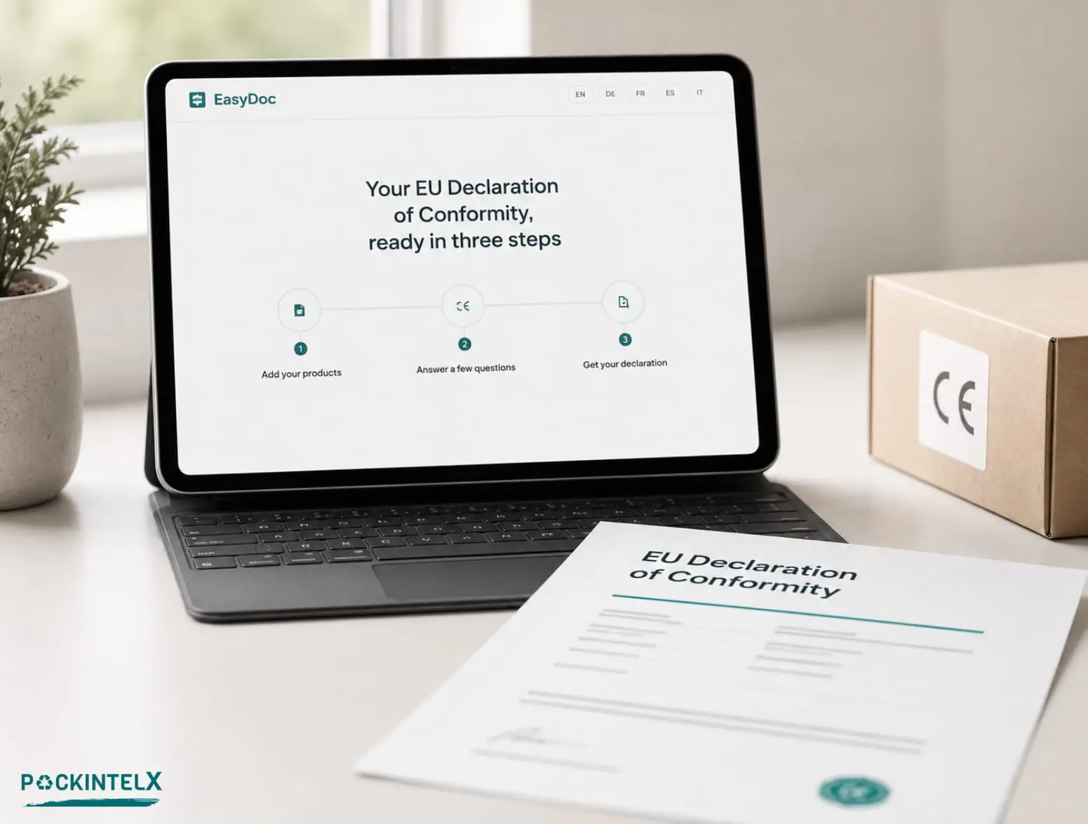 EU Declaration of Conformity generator showing the three-step PackIntelX EasyDoc workflow