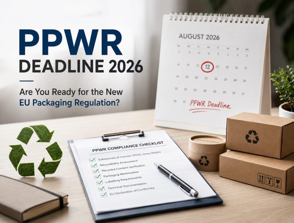 PPWR deadline 2026 compliance checklist showing packaging documentation, recyclability assessment and EU packaging regulation requirements before 12 August 2026