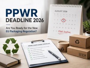 PPWR deadline 2026 compliance checklist showing packaging documentation, recyclability assessment and EU packaging regulation requirements before 12 August 2026
