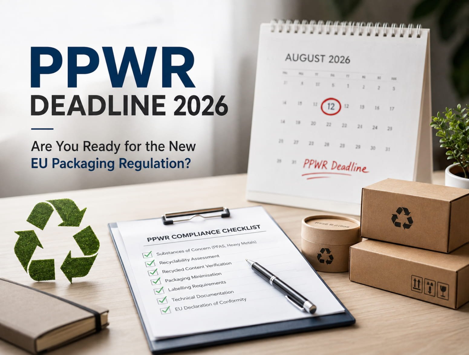 PPWR deadline 2026 compliance checklist showing packaging documentation, recyclability assessment and EU packaging regulation requirements before 12 August 2026