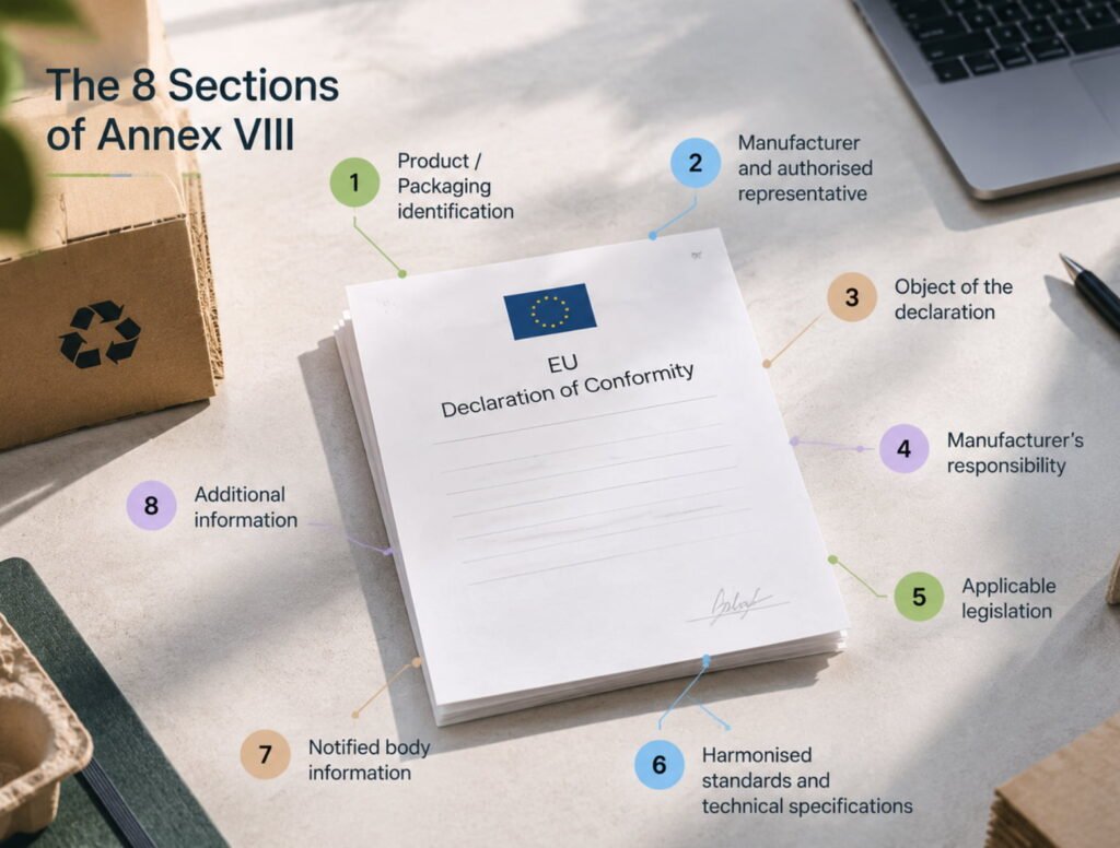 Eight sections required in PPWR Declaration of Conformity Annex VIII including packaging identification and standards