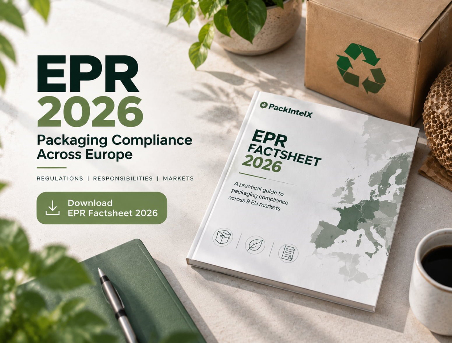 EPR Factsheet 2026 cover -practical guide to packaging compliance across 9 EU markets, with a download EPR factsheet button