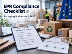 EPR compliance checklist beside recyclable packaging boxes and an EU flag in a warehouse, representing 2026 EU packaging compliance