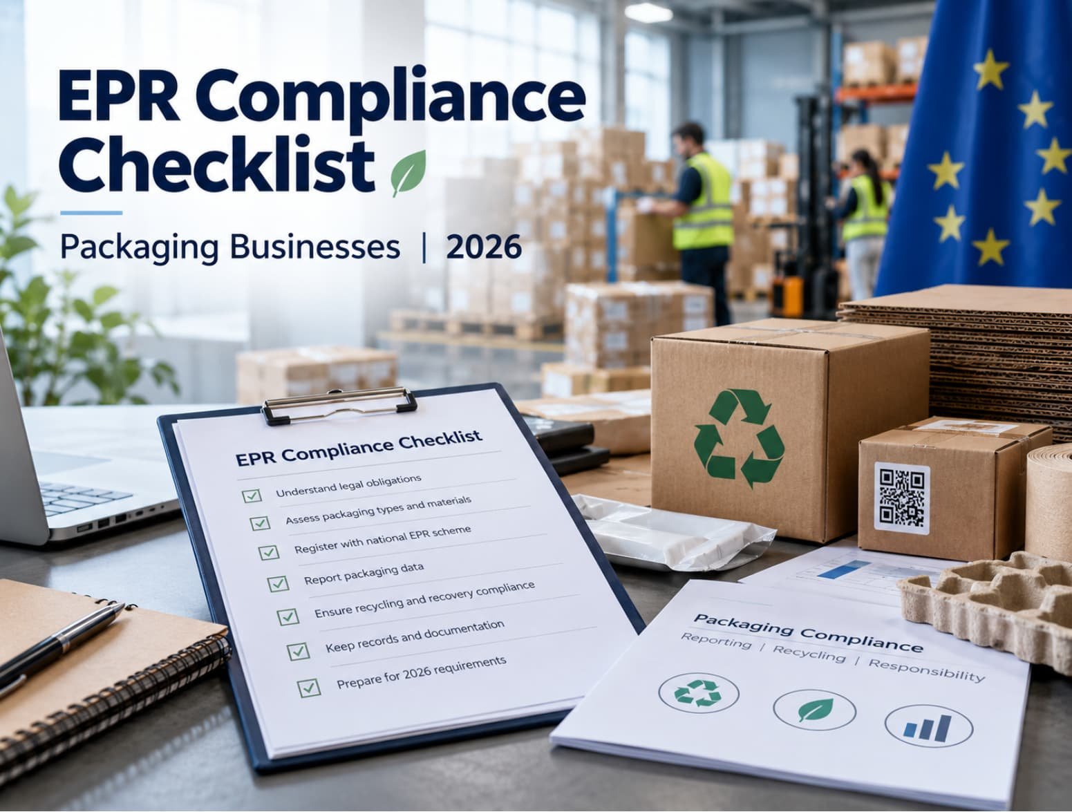 EPR compliance checklist beside recyclable packaging boxes and an EU flag in a warehouse, representing 2026 EU packaging compliance