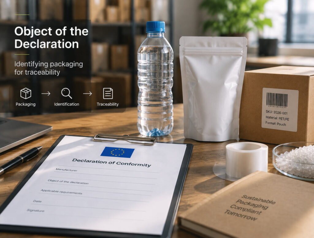 PPWR Declaration of Conformity showing packaging identification and traceability details for PET bottle and flexible pouch packaging