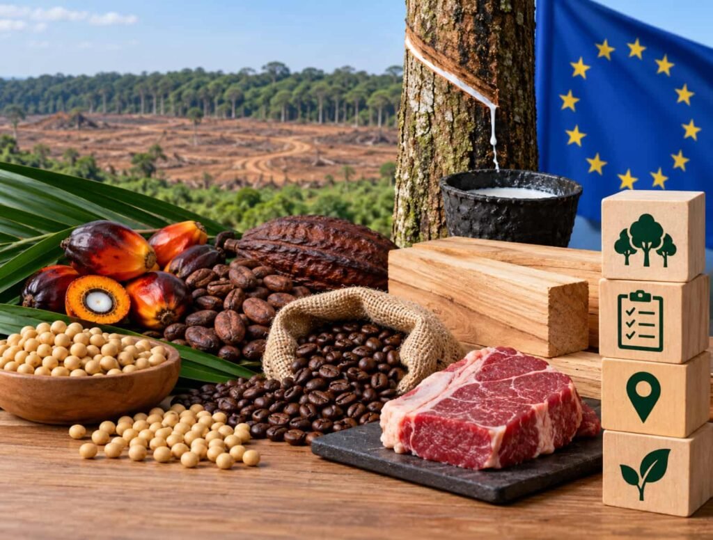 Seven EUDR-regulated commodities including cattle, cocoa, coffee, oil palm, rubber, soya and wood, with EU flag and deforestation background.