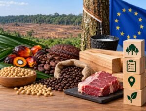 Seven EUDR-regulated commodities including cattle, cocoa, coffee, oil palm, rubber, soya and wood, with EU flag and deforestation background.