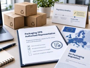 Packaging boxes and EU regulatory documents illustrating the proposed EPR authorised representative rule changes for small businesses.