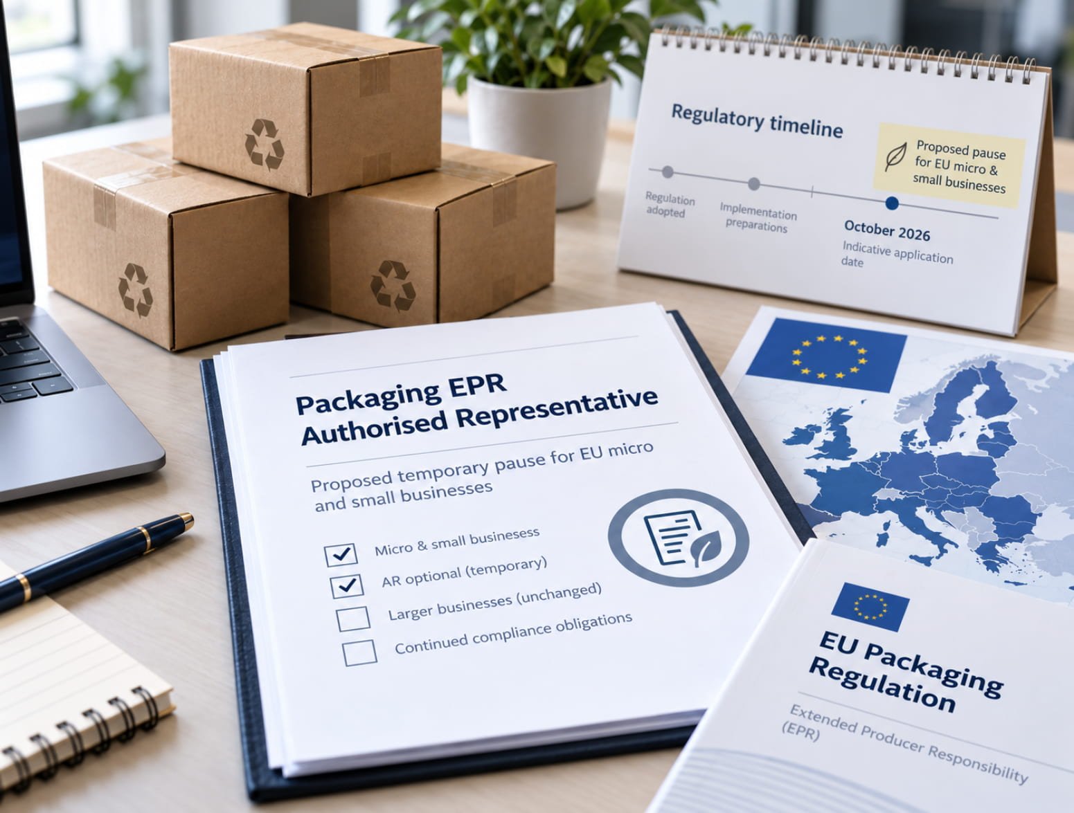 Packaging boxes and EU regulatory documents illustrating the proposed EPR authorised representative rule changes for small businesses.